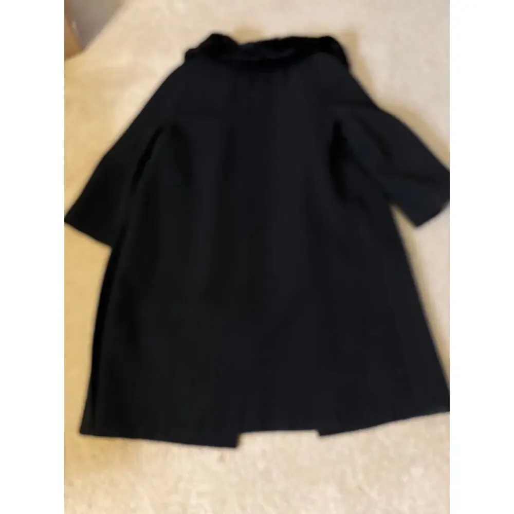 1950’s Women’s 2 Button Faux Fur Collar Long Winter Coat Fancy Black Medium